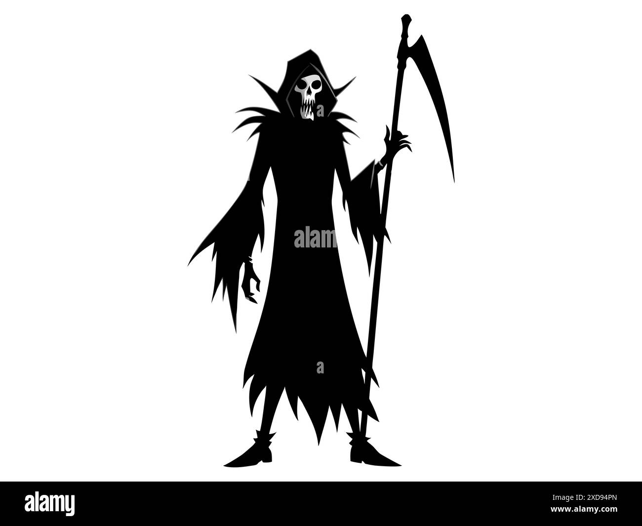 Schwarze Silhouette des Sensenmanns isoliert auf weißem Hintergrund. Konzept des Todes, gruselige Figur, minimalistischer Stil, Halloween. Druck, digitale Kunst, Stock Vektor