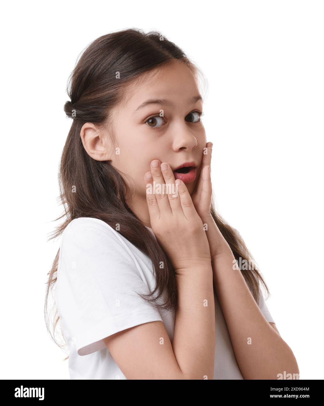 Porträt eines emotionalen Mädchens isoliert auf weiß Stockfoto