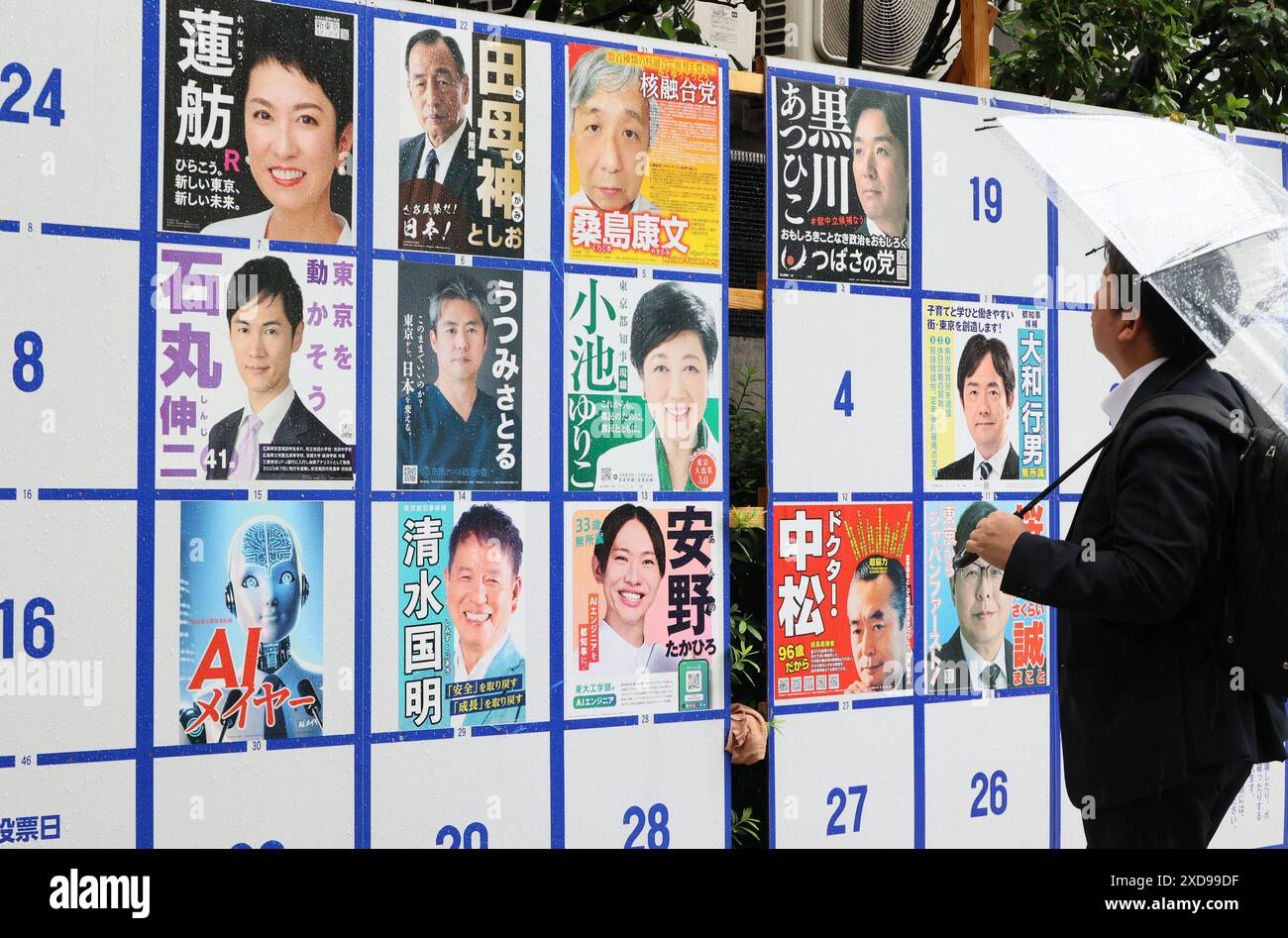 Tokio, Japan. Juni 2024. Ein Mann sieht am Freitag, den 21. Juni 2024, Plakate von Kandidaten für die Gouverneurswahl in Tokio auf einem offiziellen Wahlkampfbrett. Am 7. Juli laufen 56 Camndidates für das Tokio Govenor-Rennen. (Foto: Yoshio Tsunoda/AFLO) Stockfoto