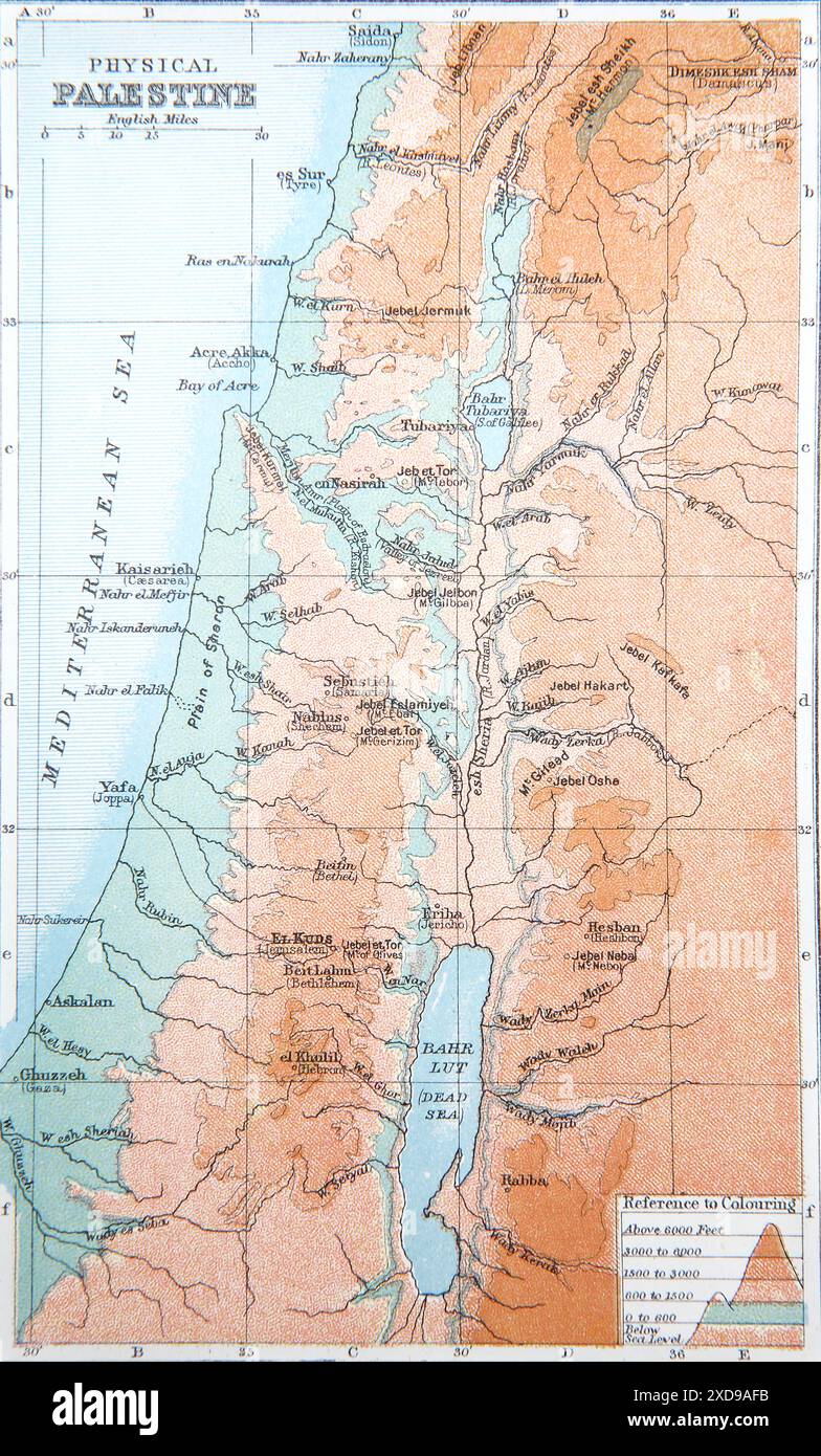 Karte des physischen Palästinas aus dem 19. Jahrhundert in der antiken selbsterklärenden Familienbibel Stockfoto