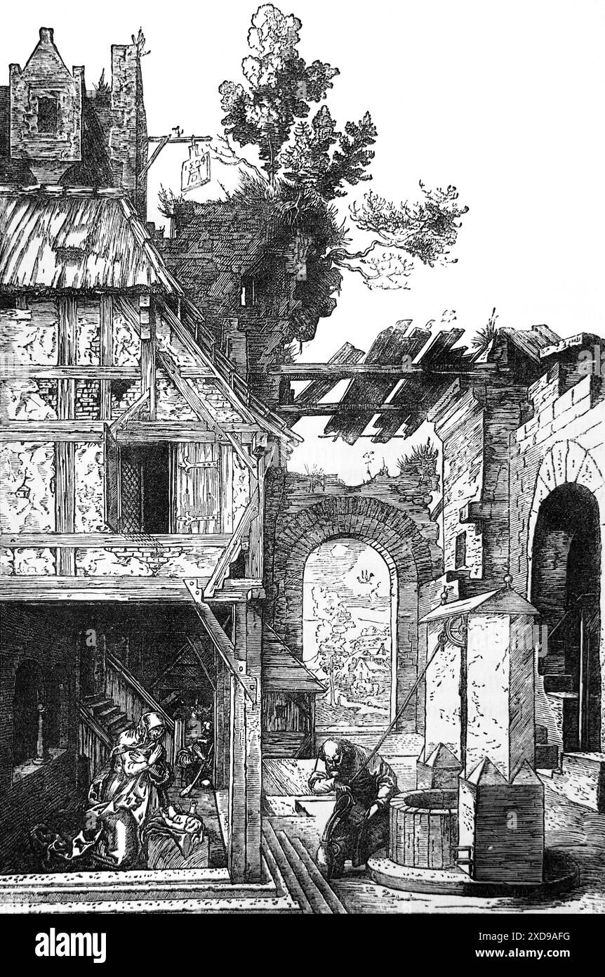 Holzgravur der Geburt aus dem Gemälde von Albrecht Dűrer - Jungfrau Maria wacht über das Jesuskind im Stall, während Josef Wasser gießt Stockfoto