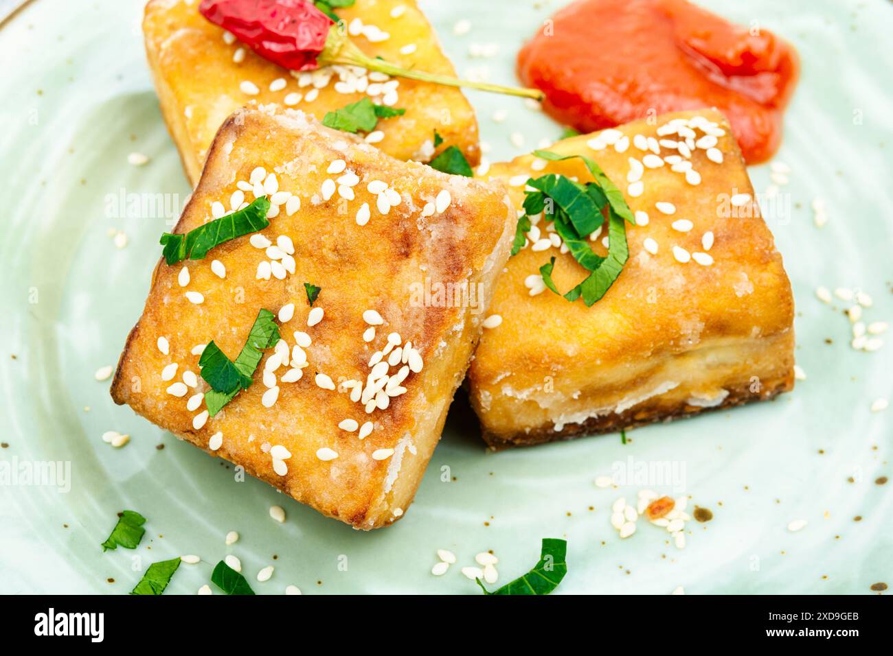 Gerösteter Sojakäse-Tofu auf dem Teller. Vegetarisches Grillen. Stockfoto