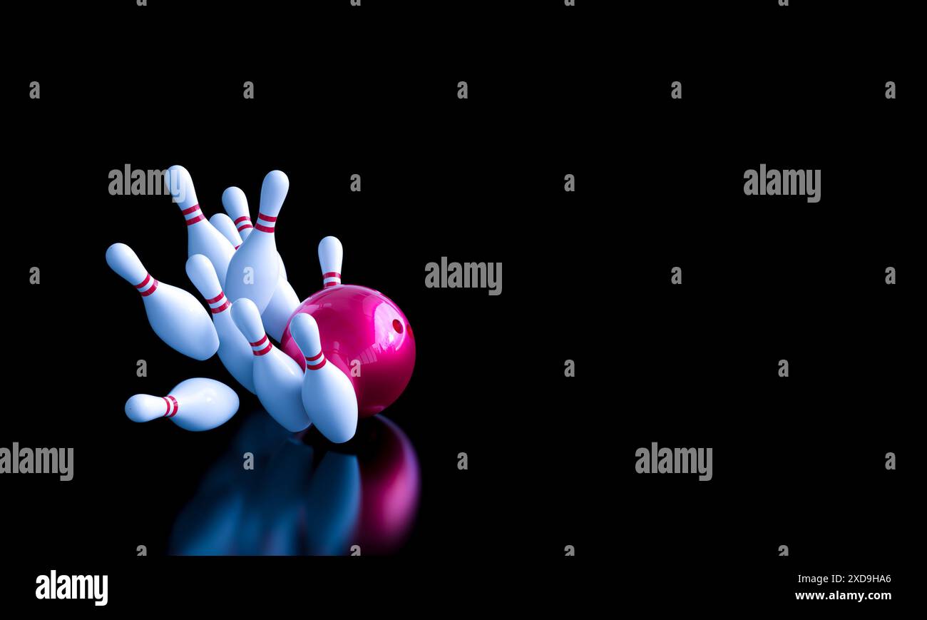 Rote Bowlingkugel, die weiße Stifte niederschlägt, schwarzer Hintergrund, 3D-Rendering Stockfoto