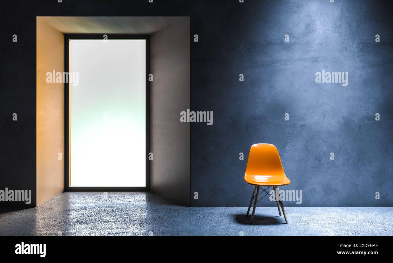 Minimalistisches Innendesign, orangefarbener Stuhl, leerer Raum, 3D-Rendering-Hintergrund Stockfoto