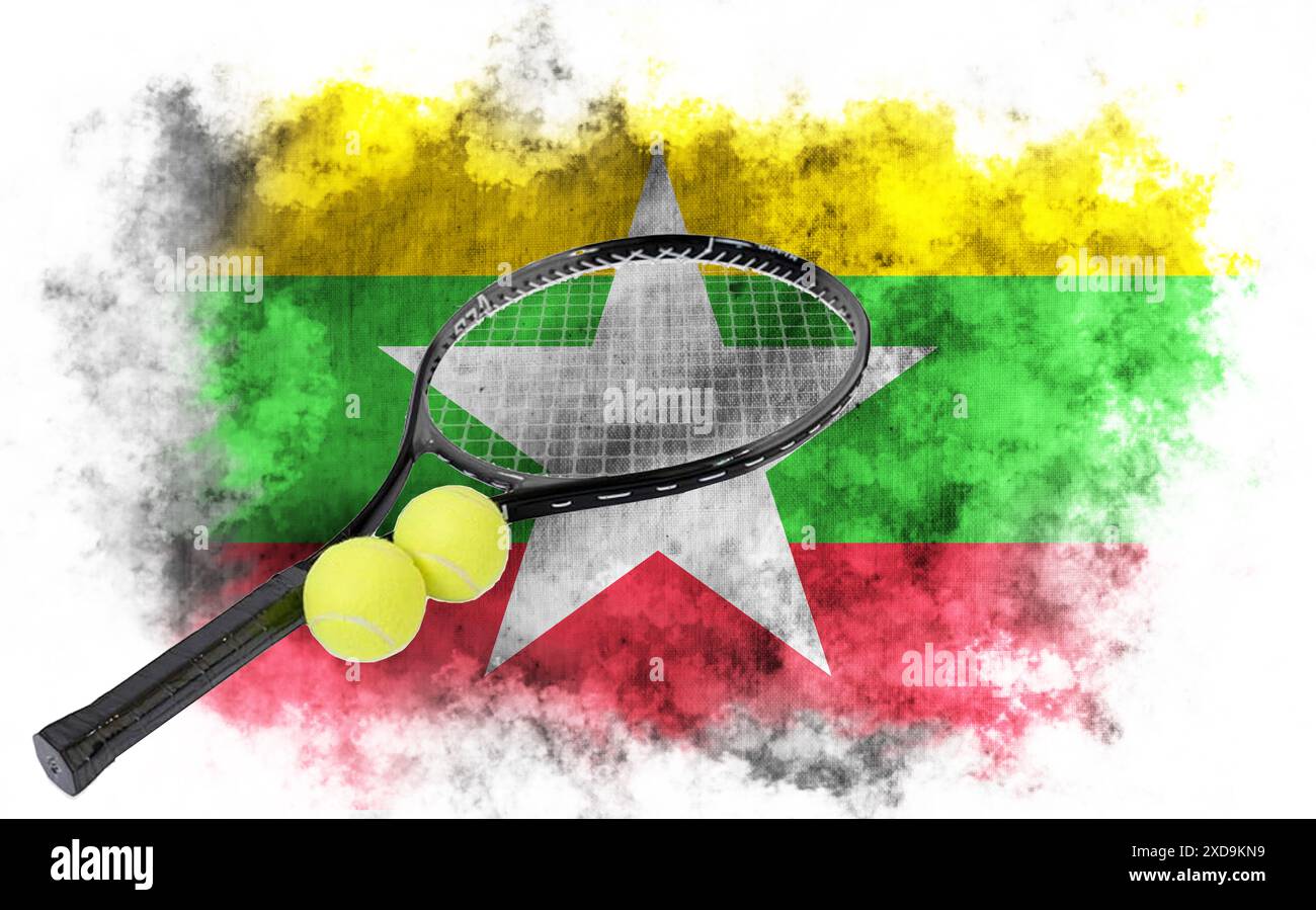 Weißer Hintergrund mit Birma-Flagge und Tennisschläger mit Bällen Stockfoto