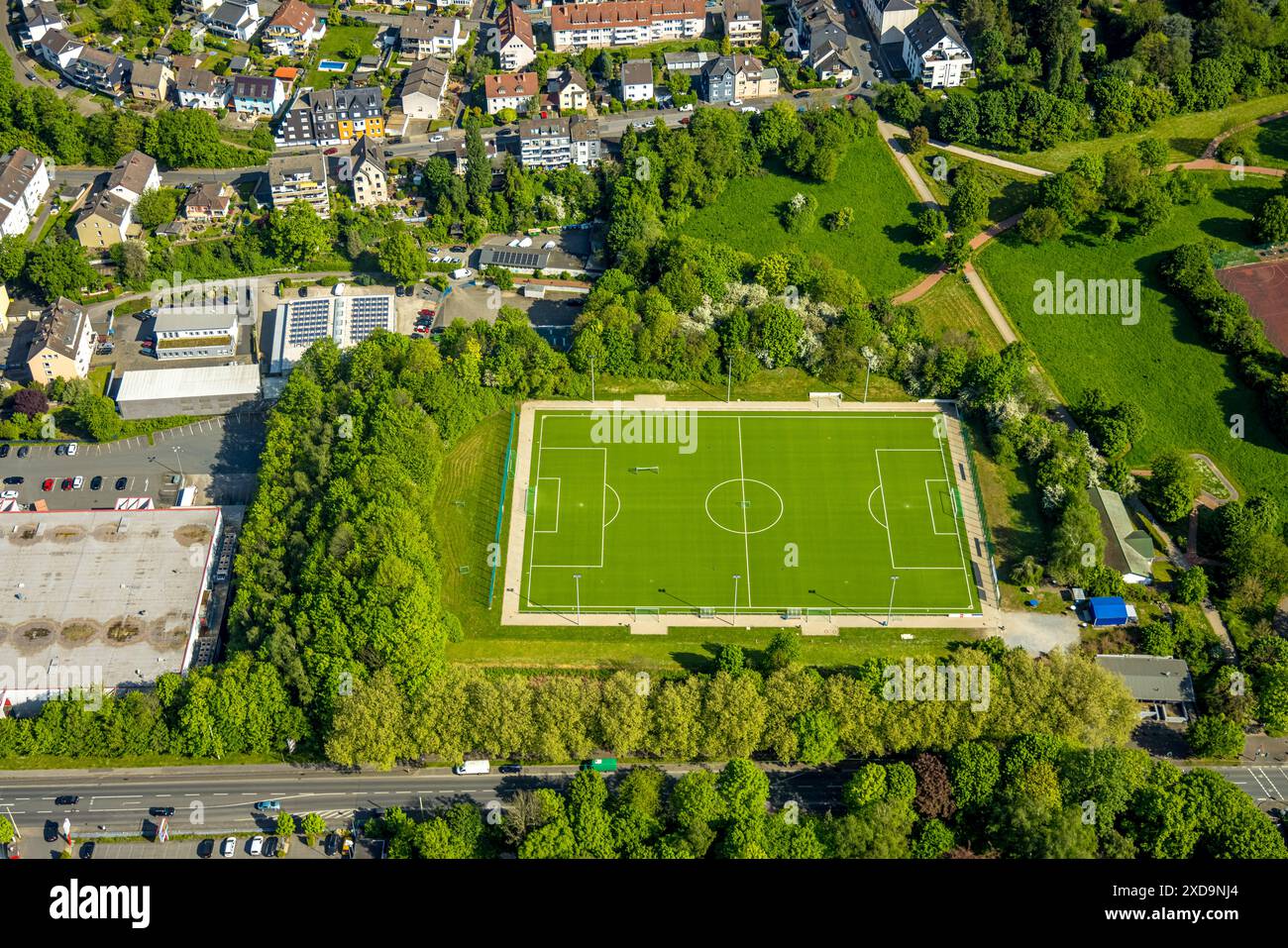 Luftaufnahme, Fußballstadion Sportfreunde Westfalia Hagen von 1872 e.V., Boele, Hagen, Ruhrgebiet, Nordrhein-Westfalen, Deutschland, Luftbild, Fußball Stockfoto