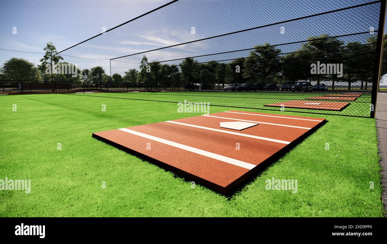 3D-Illustration von Baseball- und Softball-Schlagkäfigen im Freien Stockfoto