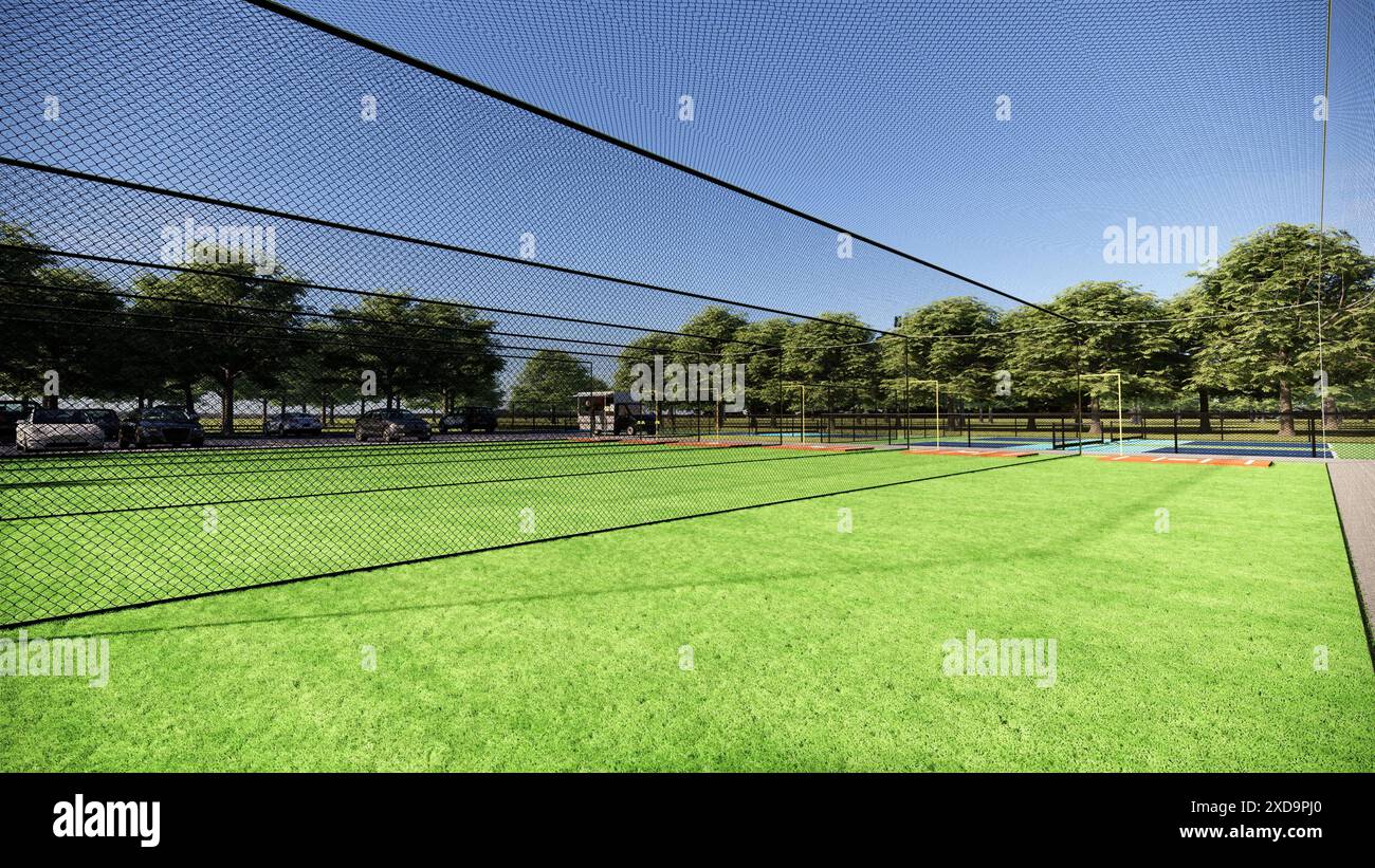 Illustration von Schlagkäfigen im Freien für Baseball und Softball im 3D-Rendering Stockfoto