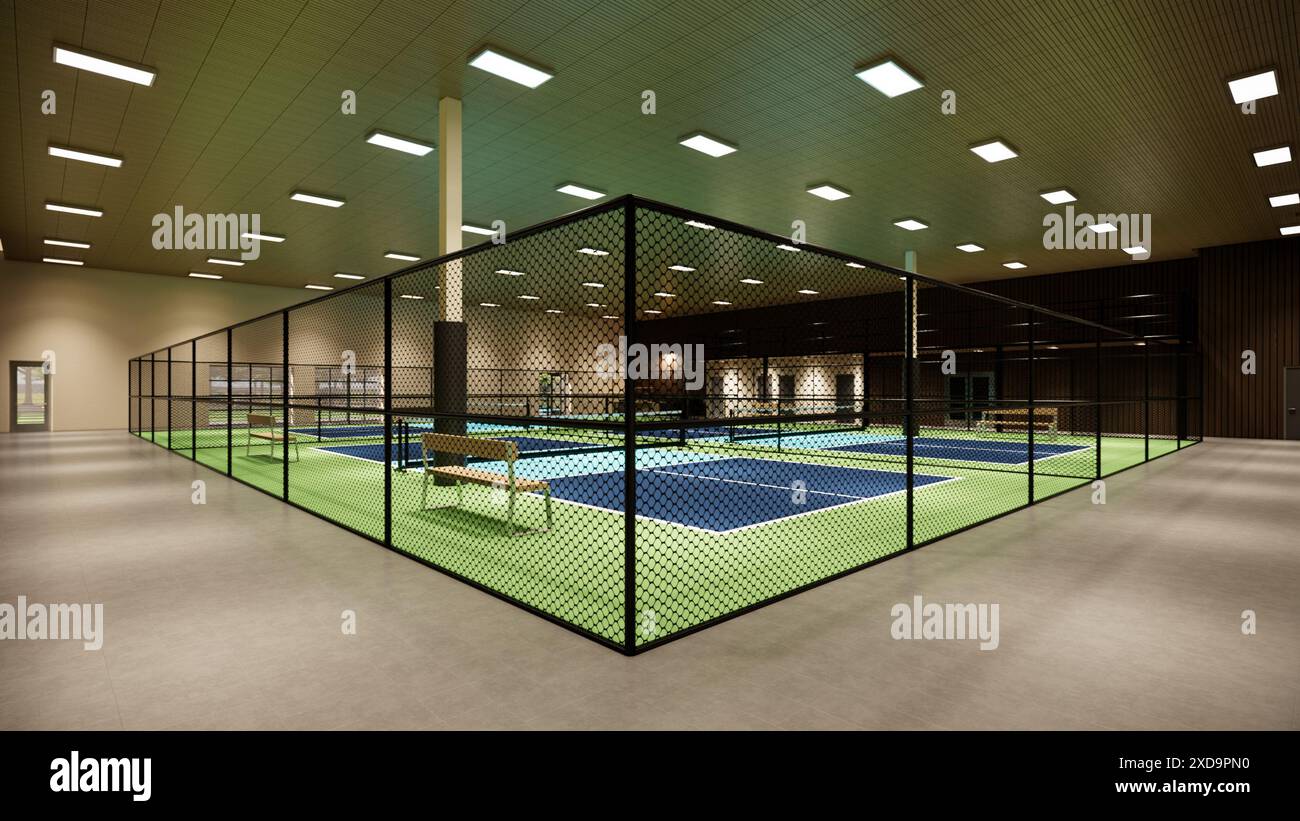3D-Rendering eines Hallenplatzes mit blauem und grünem Thema in einer Sportanlage Stockfoto