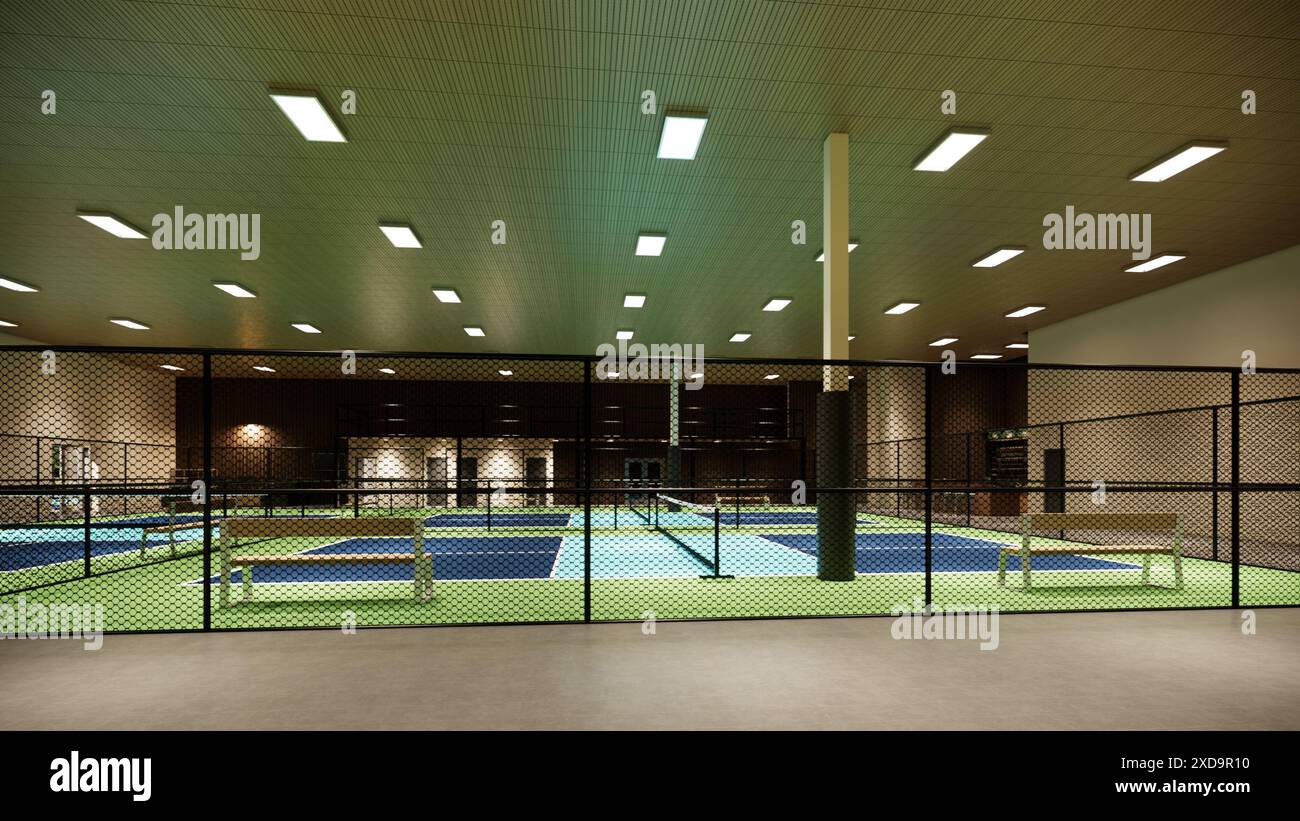 3D-Rendering eines Hallenplatzes mit blauen und grünen Farben für einen Sportkomplex Stockfoto