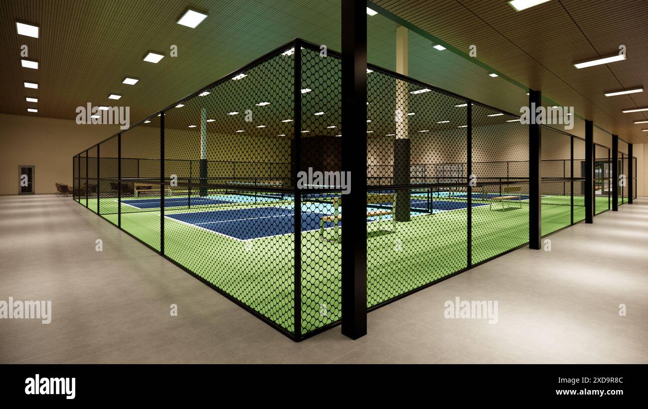 3D-Rendering eines Hallenplatzes mit blauen und grünen Farben in einem Sportzentrum Stockfoto