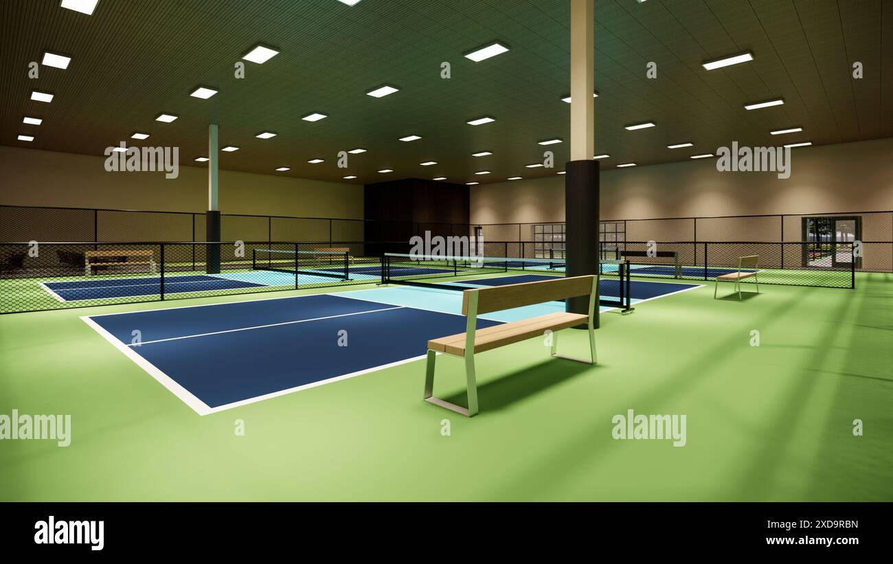 3D-Rendering-Illustration eines Hallenplatzes mit blauen und grünen Farben für einen Sportkomplex Stockfoto