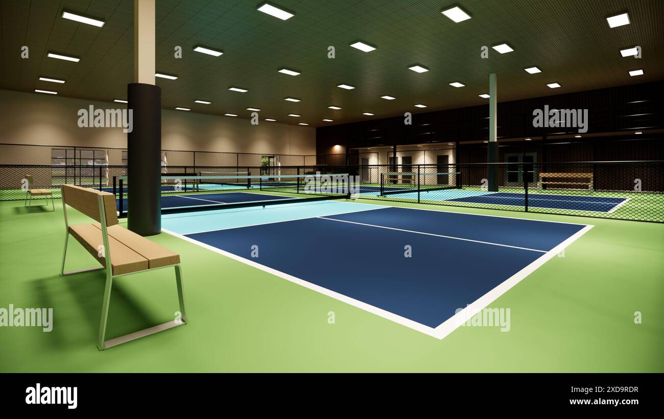 Bild eines Hallenplatzes für Pickleball in blauen und grünen Farben als Illustration für ein Sportzentrum Stockfoto