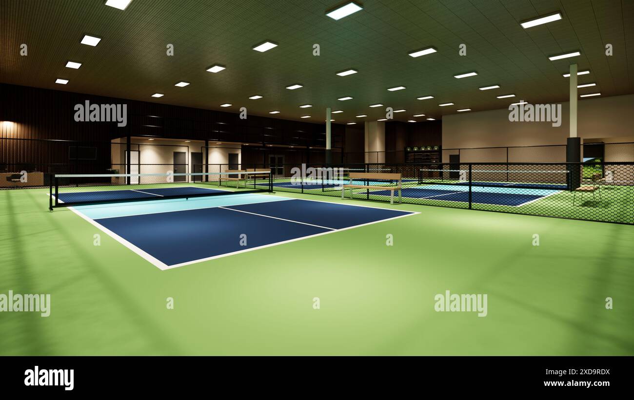 3D-Rendering eines Hallenplatzes mit blauen und grünen Farben, die in einem Sportkomplex präsentiert werden Stockfoto