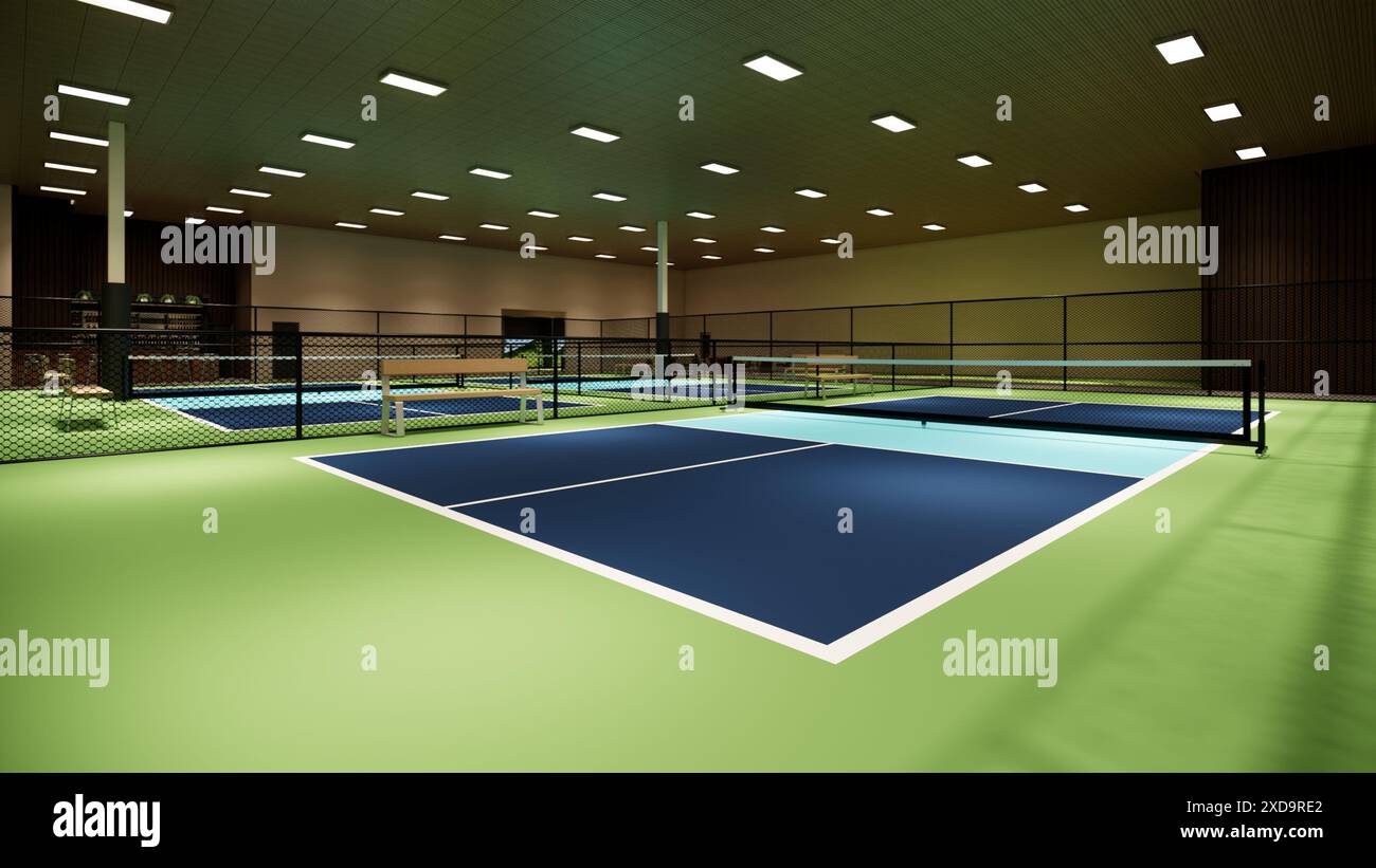 3D-Rendering eines Hallenplatzes mit blauem und grünem Farbschema für eine Illustration einer Sportanlage Stockfoto