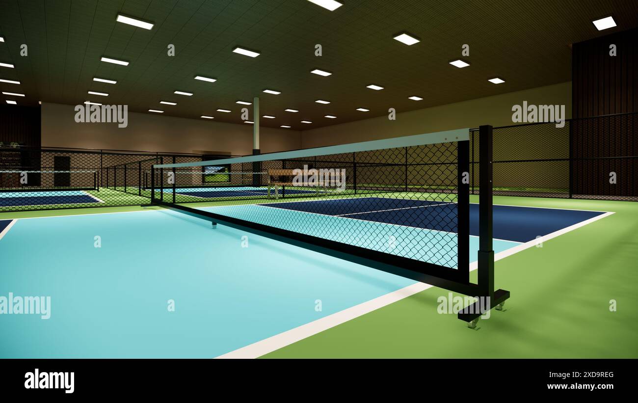 3D-Illustration eines Indoor-Pickleball-Platzes mit blauen und grünen Farben in einem Sportkomplex Stockfoto