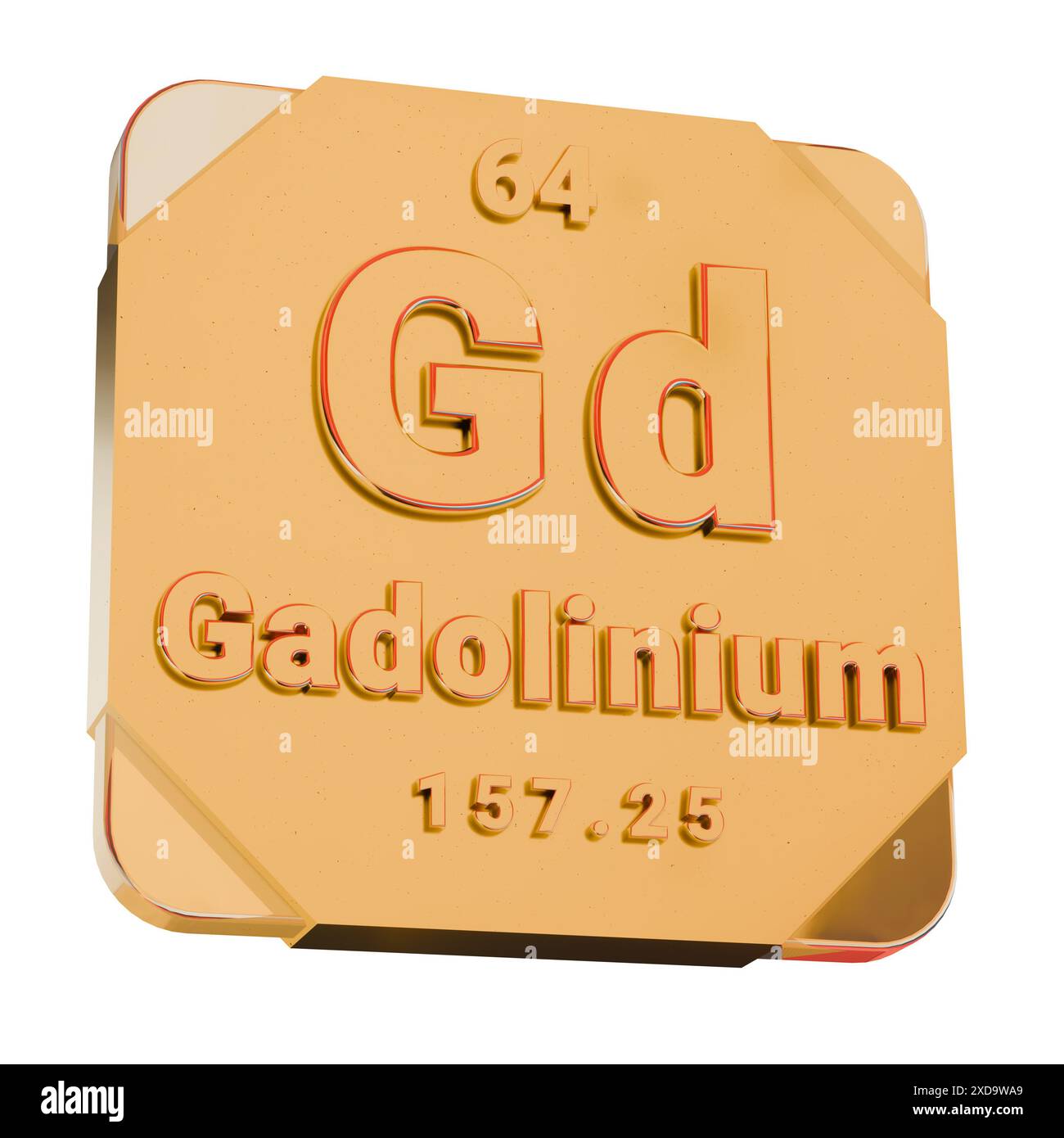 Goldenes 3D-Symbol - Gadolinium-(GD-)Element aus Periodensystem Stockfoto