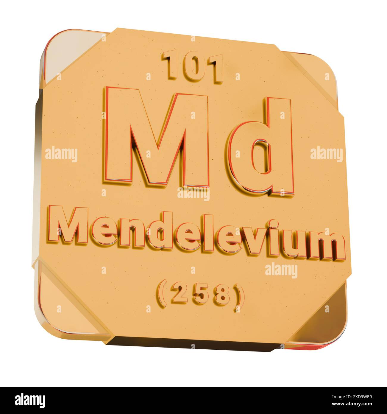 Goldenes 3D-Symbol – Mendelevium (MD)-Element aus Periodensystem Stockfoto