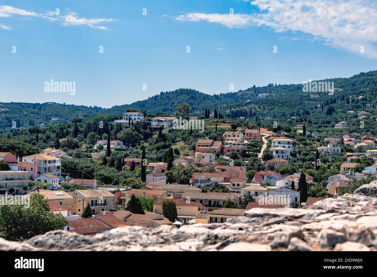 Der Blick von der venezianischen Festung in Kassiopi auf Korfu Stockfoto