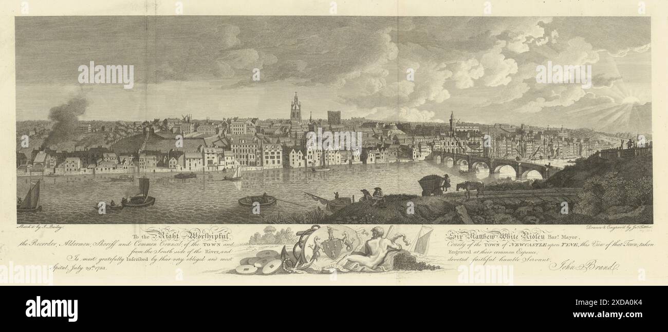 Blick auf Newcastle upon Tyne von der Südseite des Flusses 1789 alter Druck Stockfoto