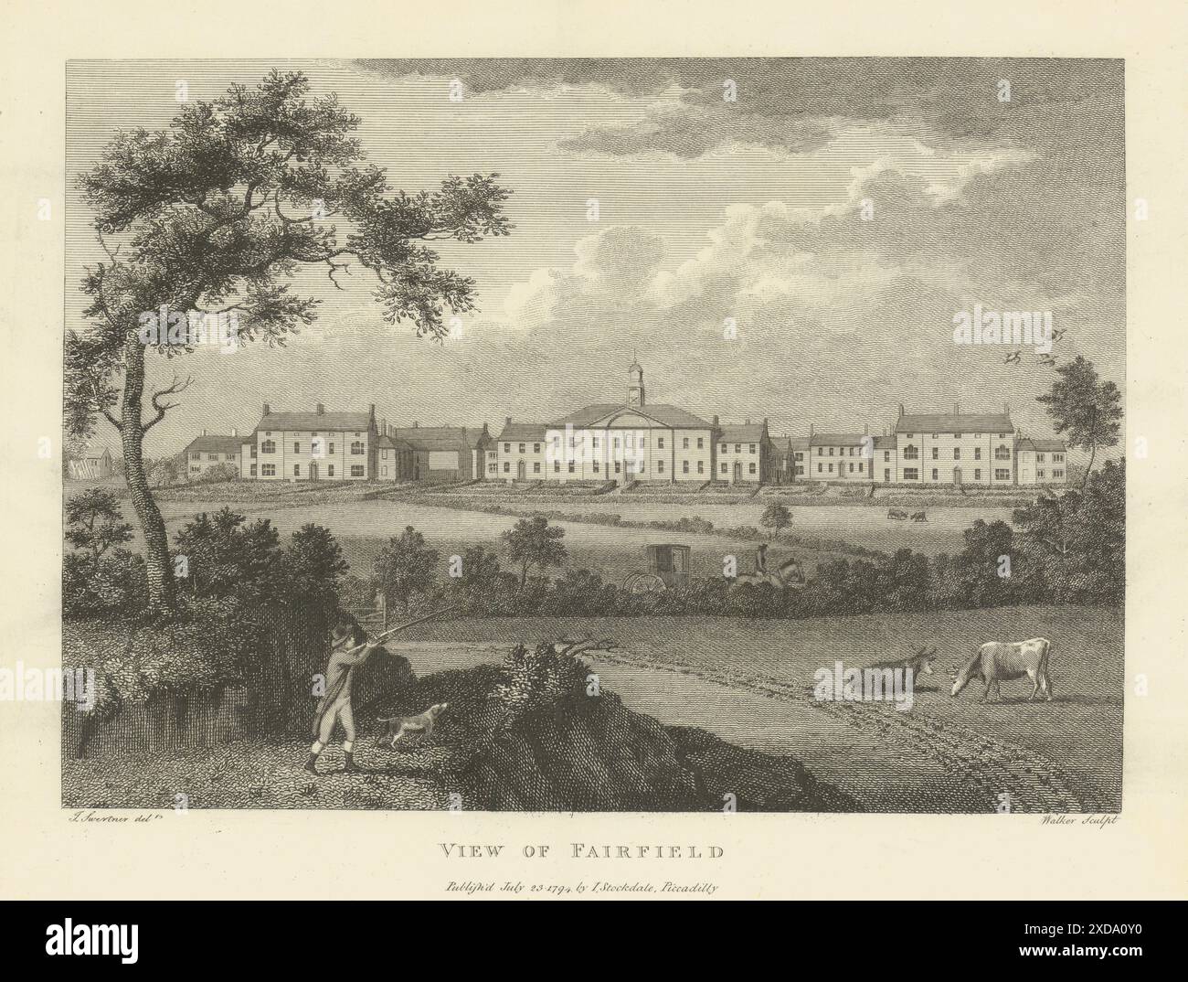 Blick auf die mährische Siedlung Fairfield, Manchester. Aikin 1795 alter Druck Stockfoto