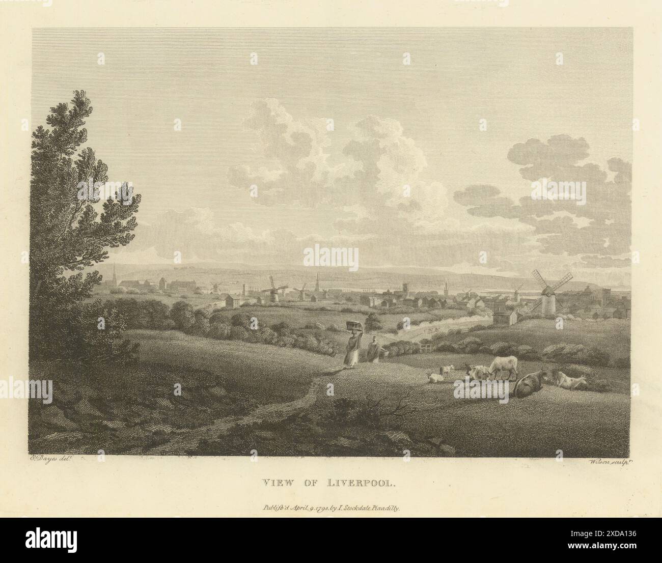 Blick auf Liverpool von Everton. Aikin 1795 altes altes altes Vintage-Druckbild Stockfoto