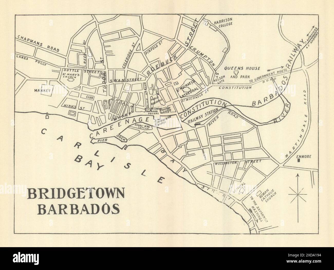 BRIDGETOWN. Vintage Stadtplan. Barbados. Westindien. Karibik 1910 alt Stockfoto