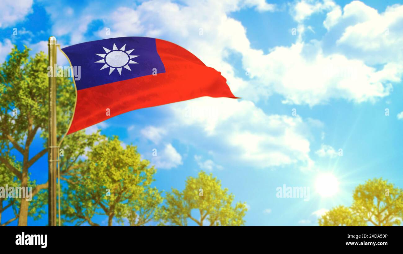 Flagge der chinesischen Provinz Taiwan an sonnigem Tag, kohlenstofffreies Symbol - Natur-3D-Rendering Stockfoto