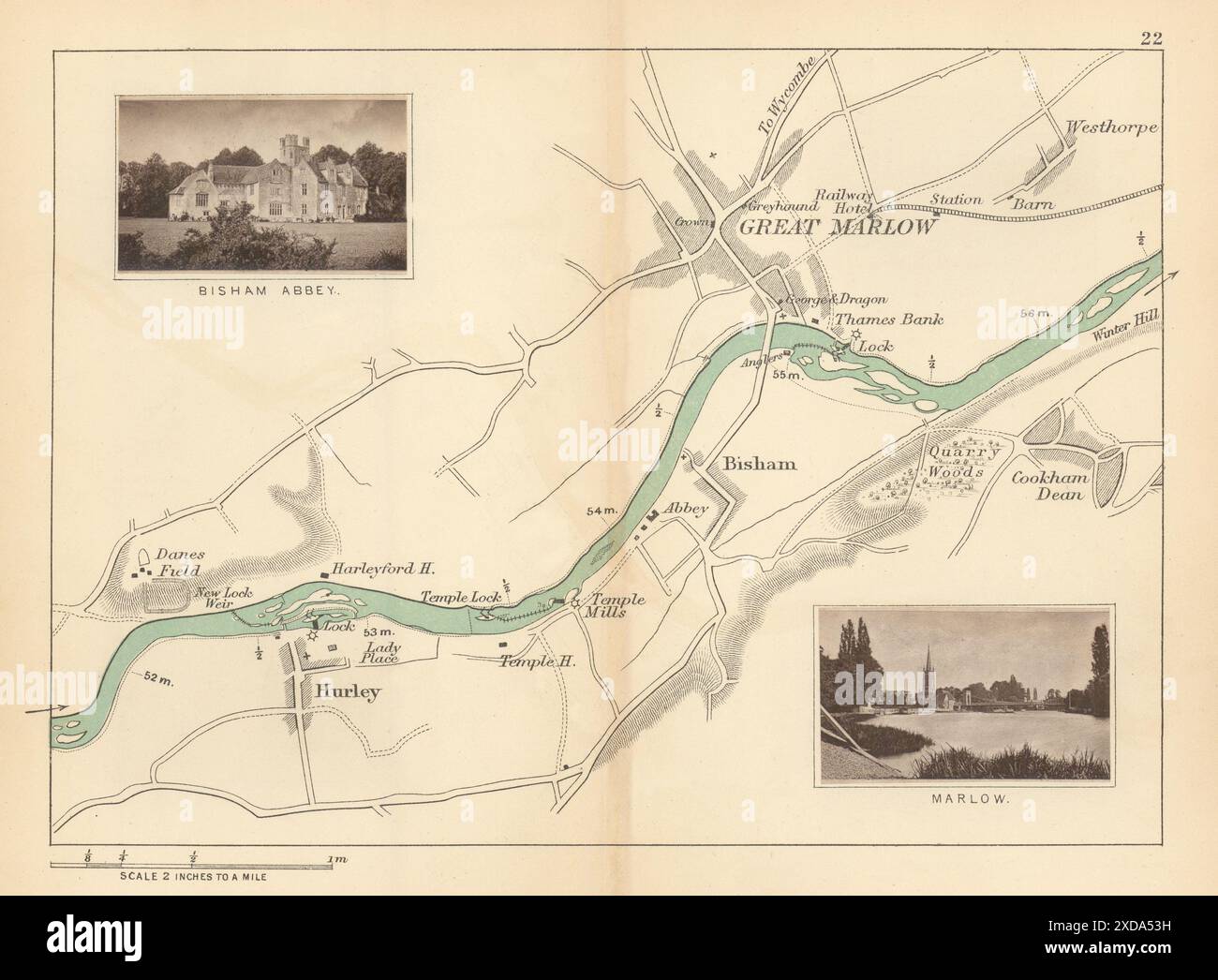 FLUSS THEMSE Hurley Bisham Marlow Cookham Dean Westhorpe. VERSPOTTEN SIE 1887 alte Karte Stockfoto