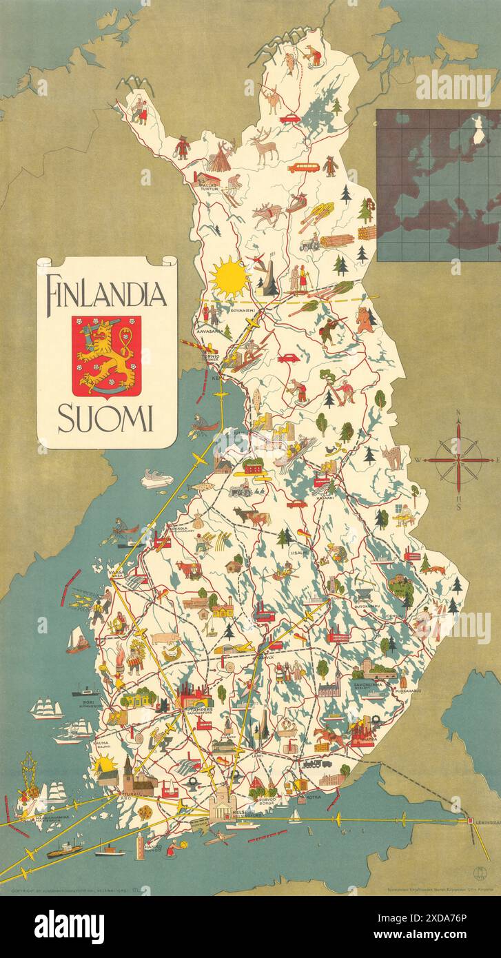 Finlandia - Suomi. Vintage Reise Bildplakat Karte 1949 alte Vintage Stockfoto