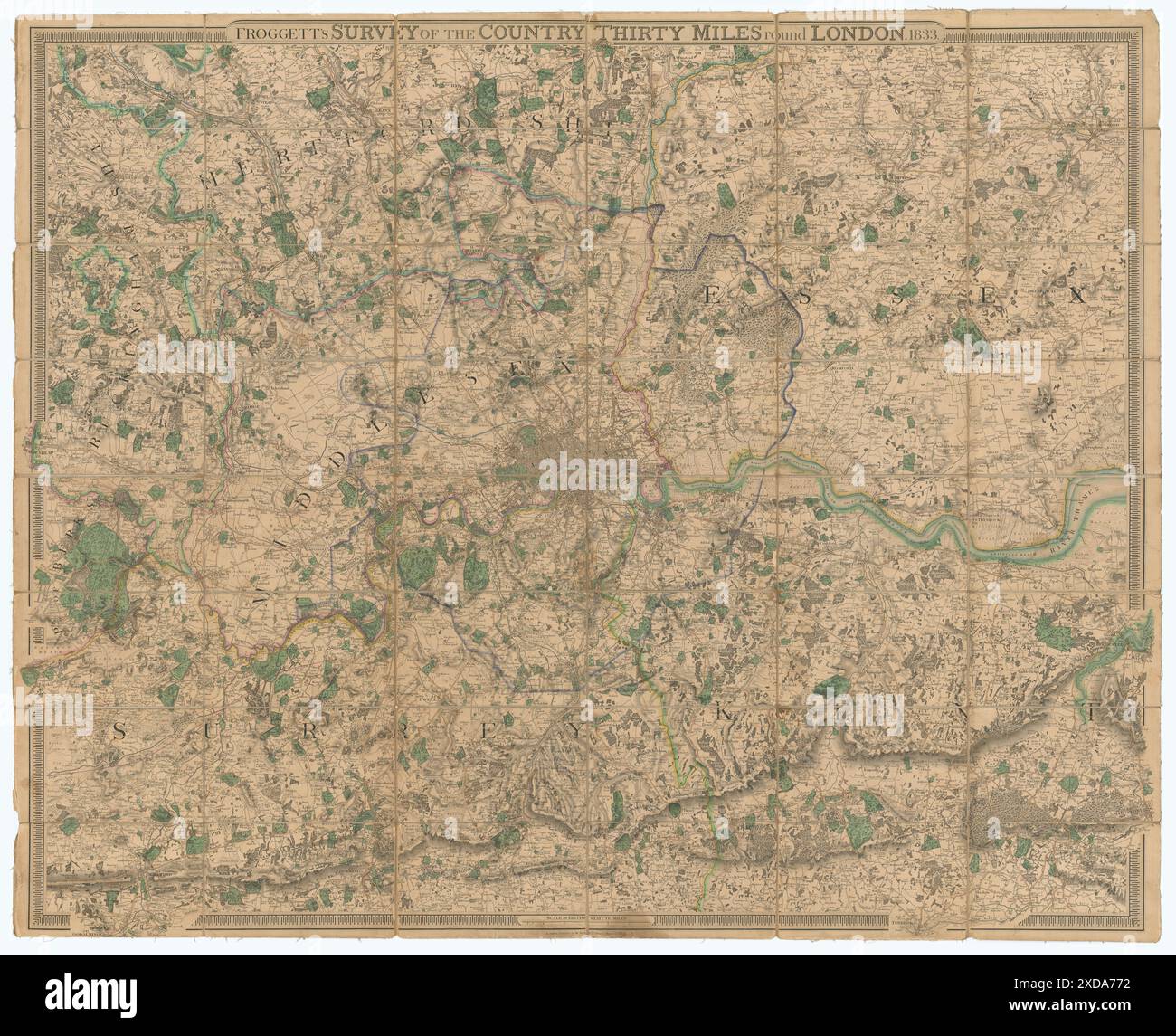 Froggett's Survey of the Country 30 Meilen um London 1833 alte Karte Stockfoto