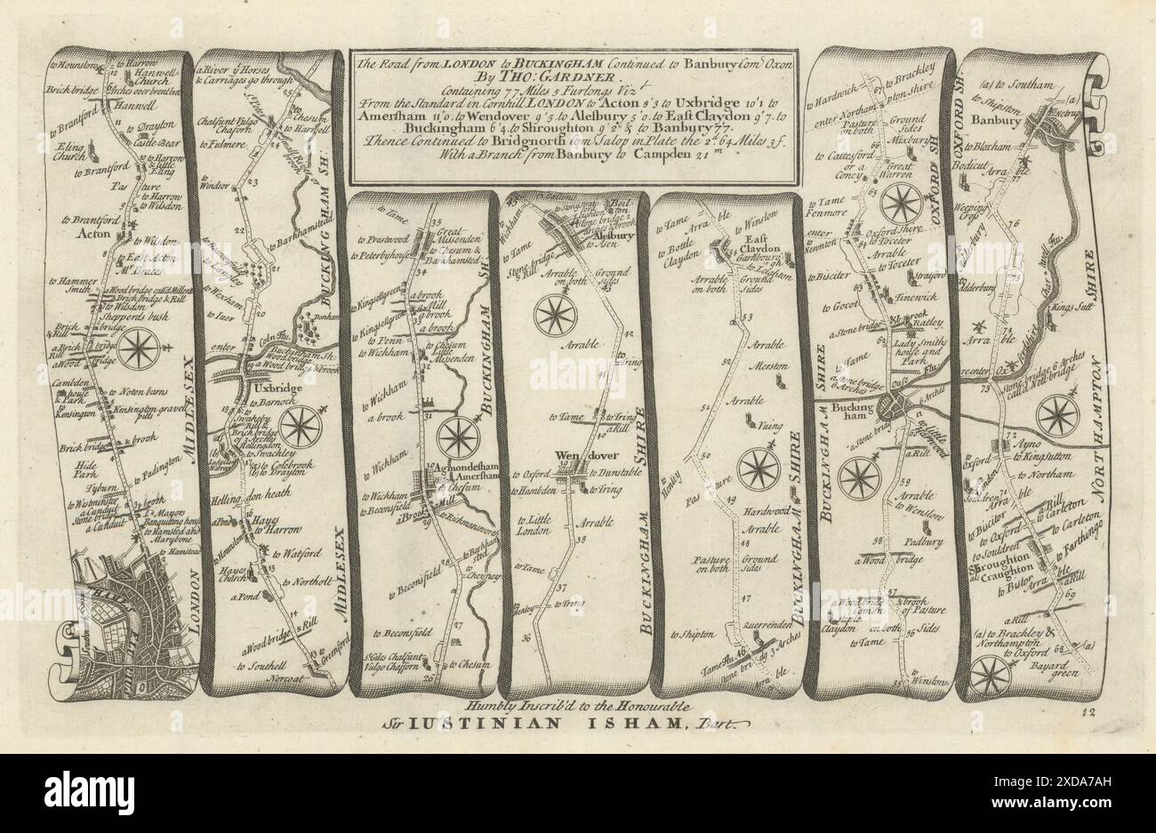 London-Amersham-Aylesbury-Buckingham-Banbury. GARDNER Road Map Nr. 12 1719 Stockfoto