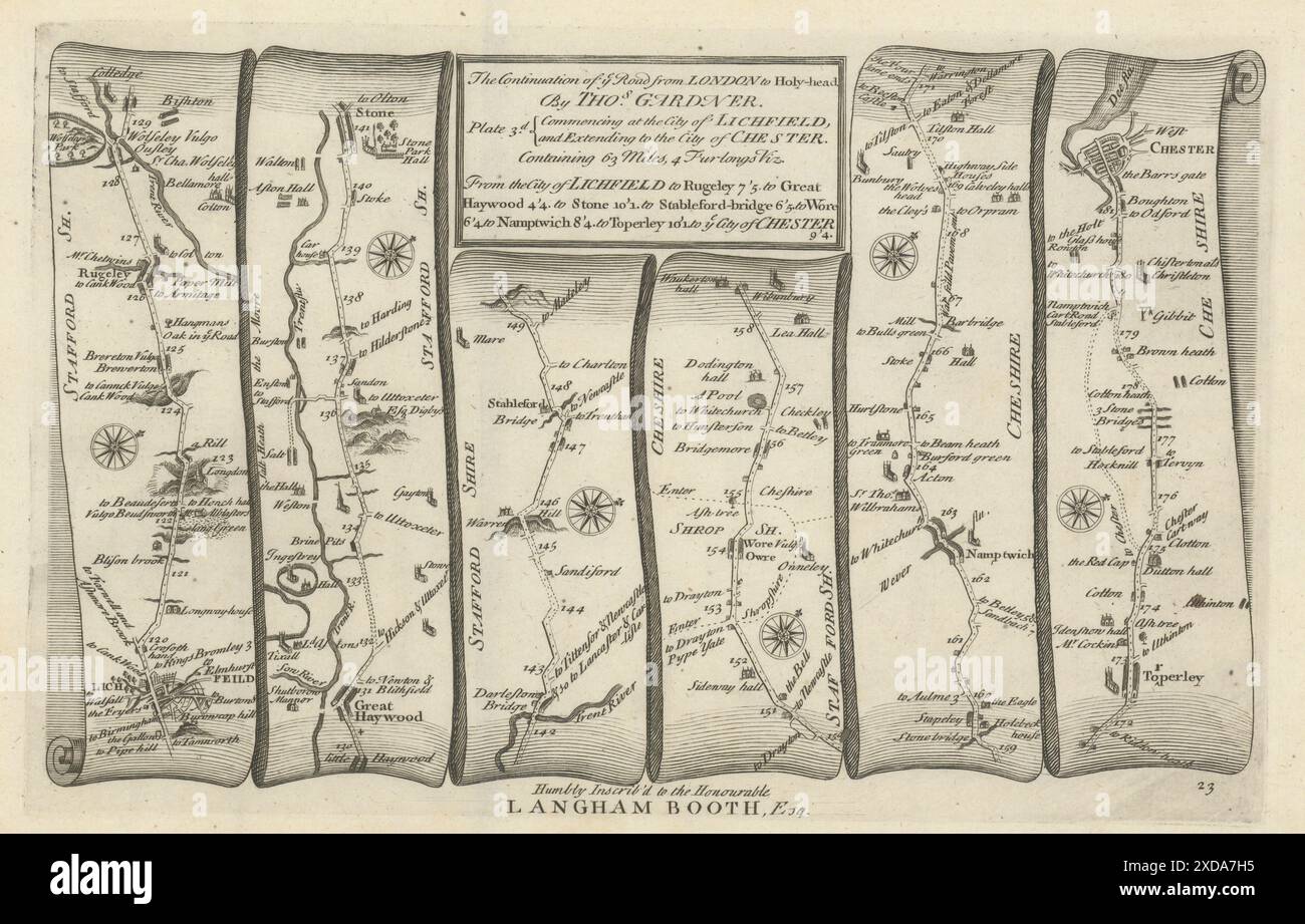 Lichfield - Rugeley - Stone - Nantwich - Chester. GARDNER Road Map Nr. 23 1719 Stockfoto