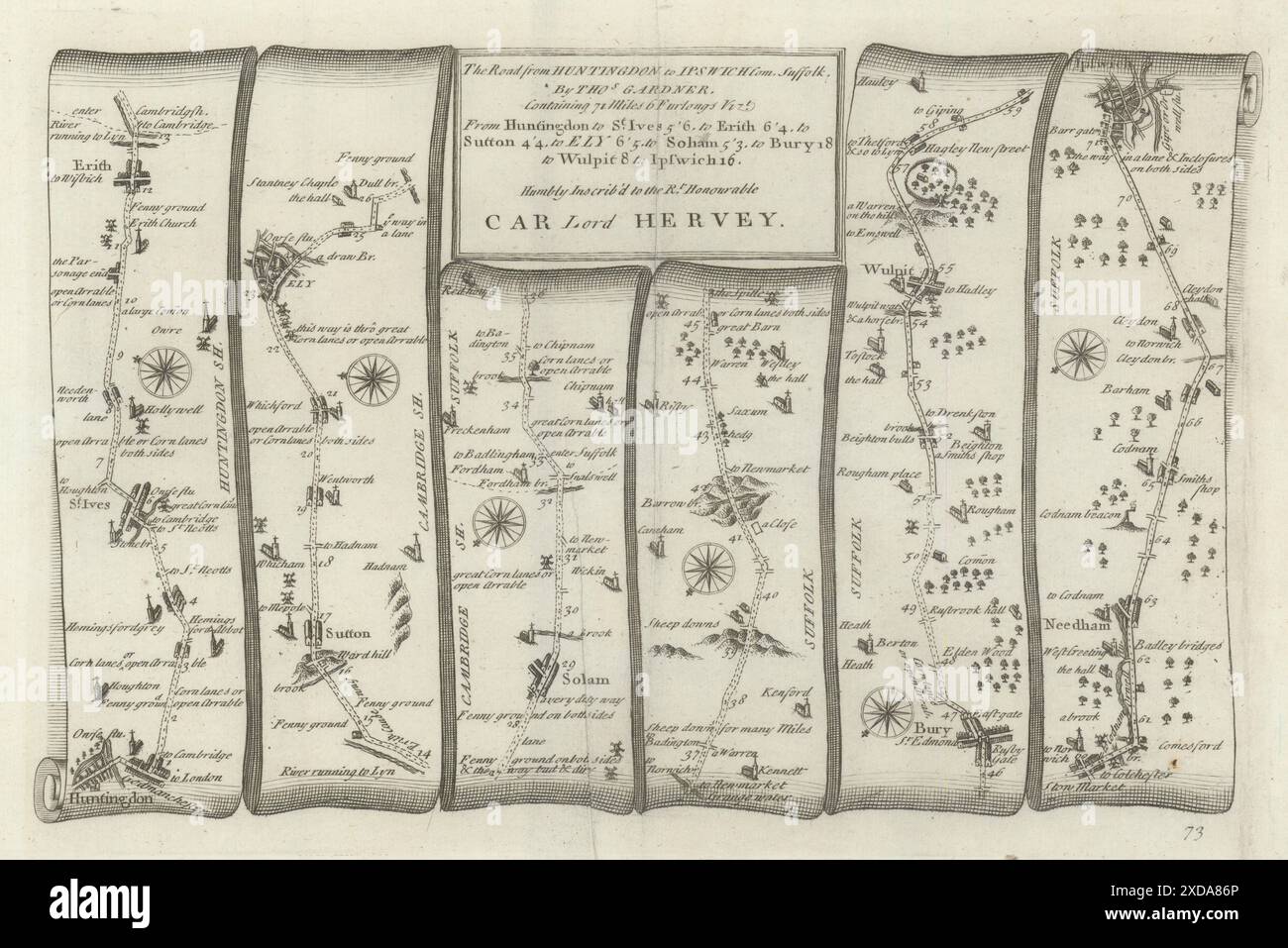 Huntingdon - Ely - Soham - Bury St Edmunds-Ipswich GARDNER Straßenkarte Nr. 73 1719 Stockfoto