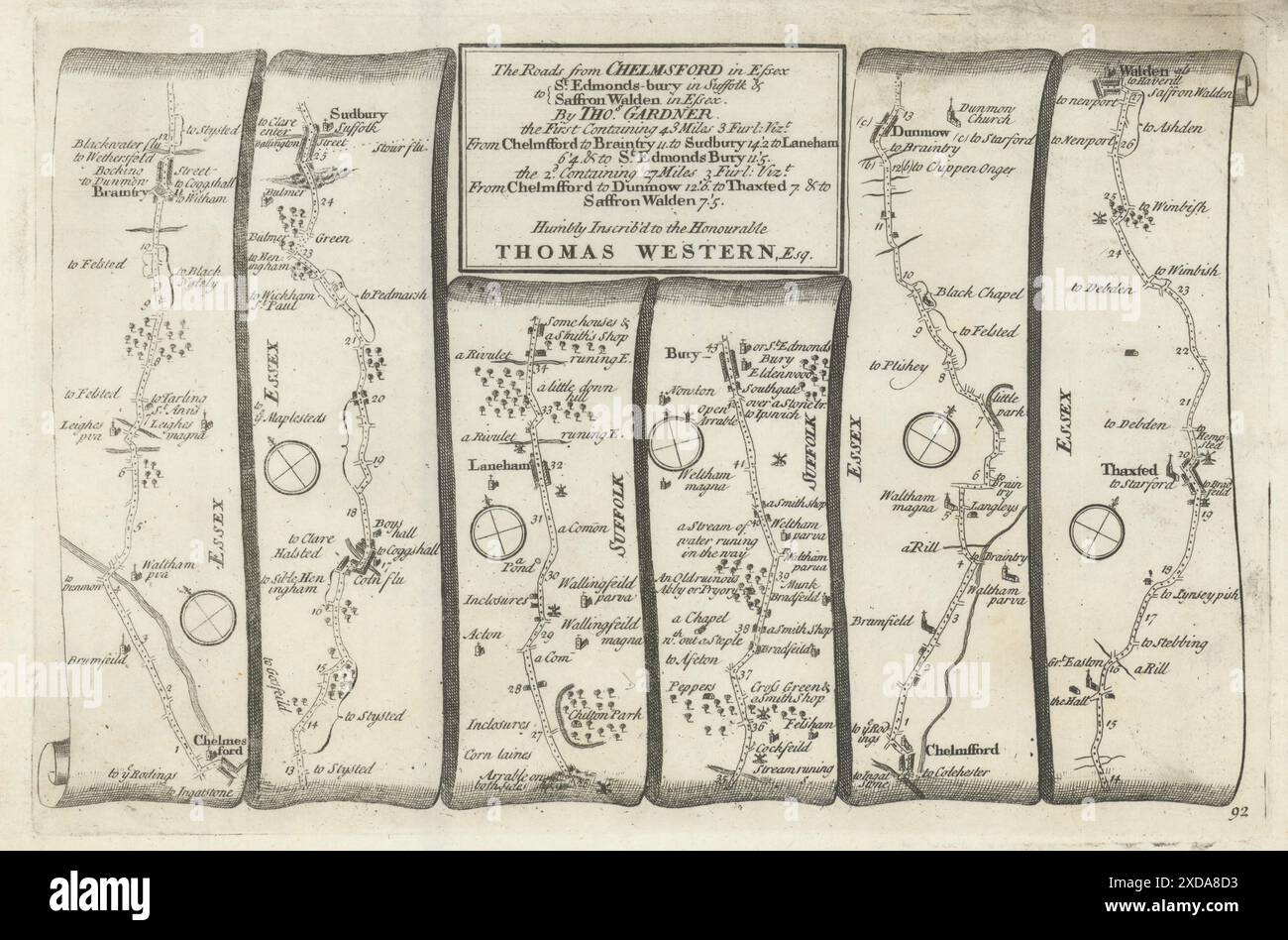 Chelmsford - Bury St Edmunds / Safran Walden. GARDNER Road Map Nr. 92 1719 Stockfoto