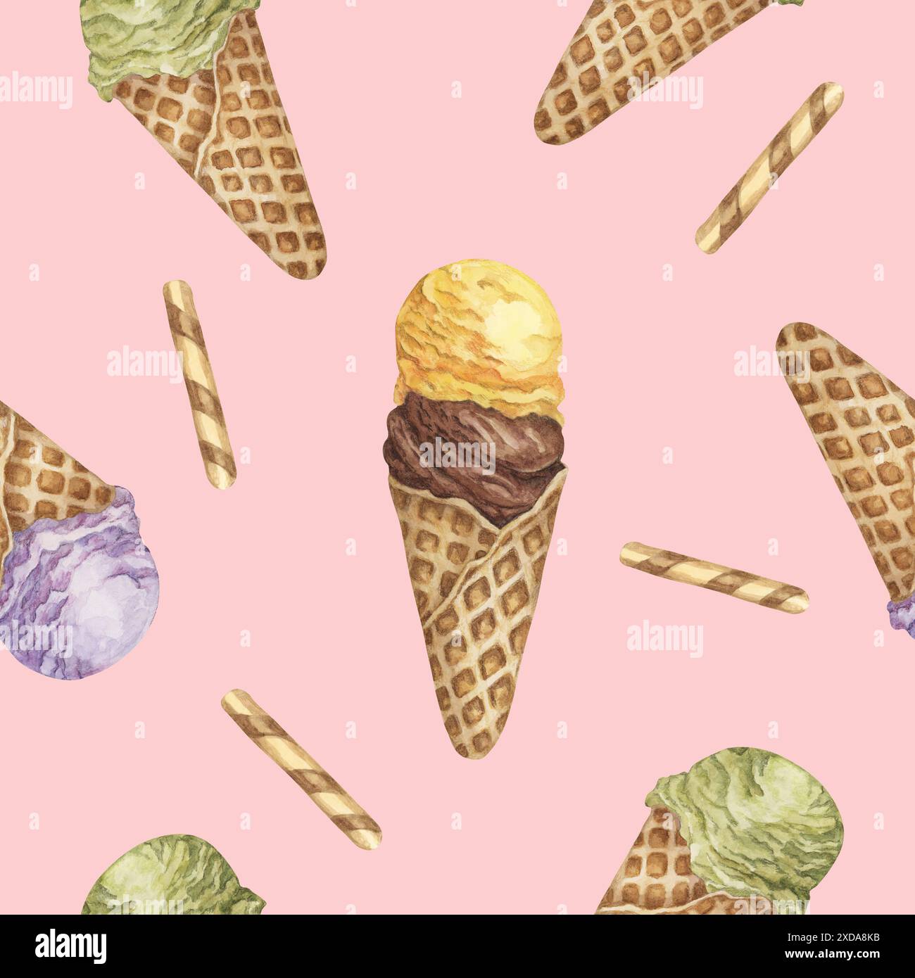 Eiskugeln im nahtlosen Waffelmuster. Zitronen-, Schokoladen-, Lavendel-, Matcha-Aromen behandeln Clipart Dessert Aquarelldruck für Textilien, Tapeten, Servietten, Eisdielen und Abdeckungen Stockfoto