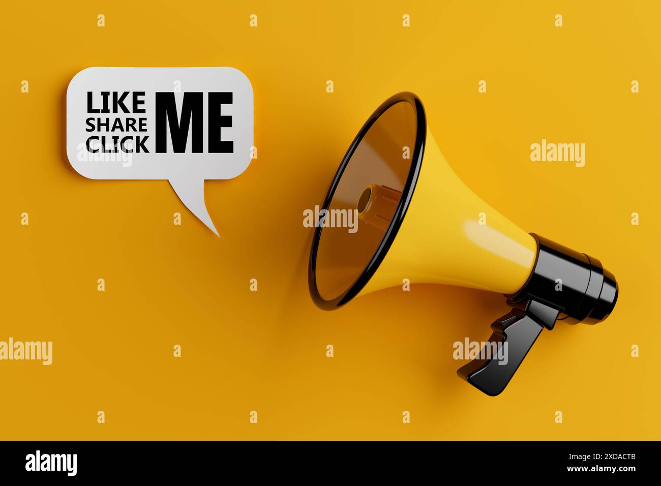 Gelbes Megaphone mit Like, Share, Click Me Anmelden Sprache Clouds Chat Bubble auf gelbem Hintergrund. 3D-Rendering Stockfoto