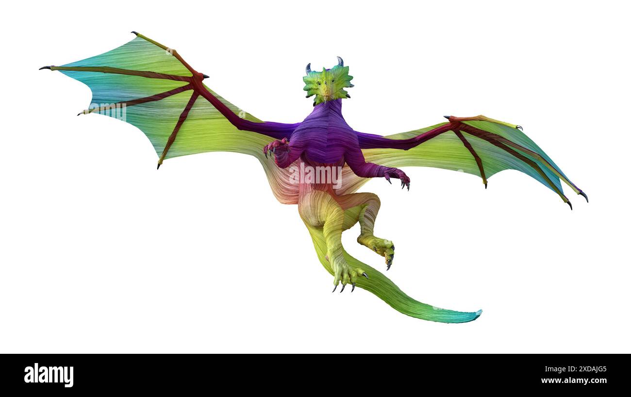 3D-Illustration eines Drachen in verschiedenen Farben mit weit gespreizten Flügeln und einem langen Schwanz, der vor weißem Hintergrund nach vorne blickt. Stockfoto