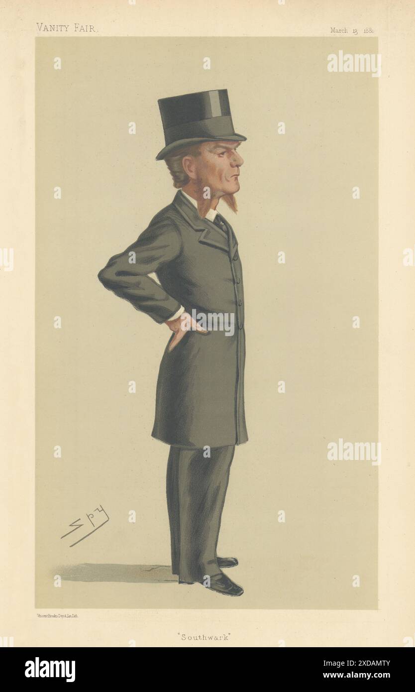 EITELKEIT FAIR SPION CARTOON Edward G Clarke 'Southwark' Gesetz 1880 alten antiken Druck Stockfoto