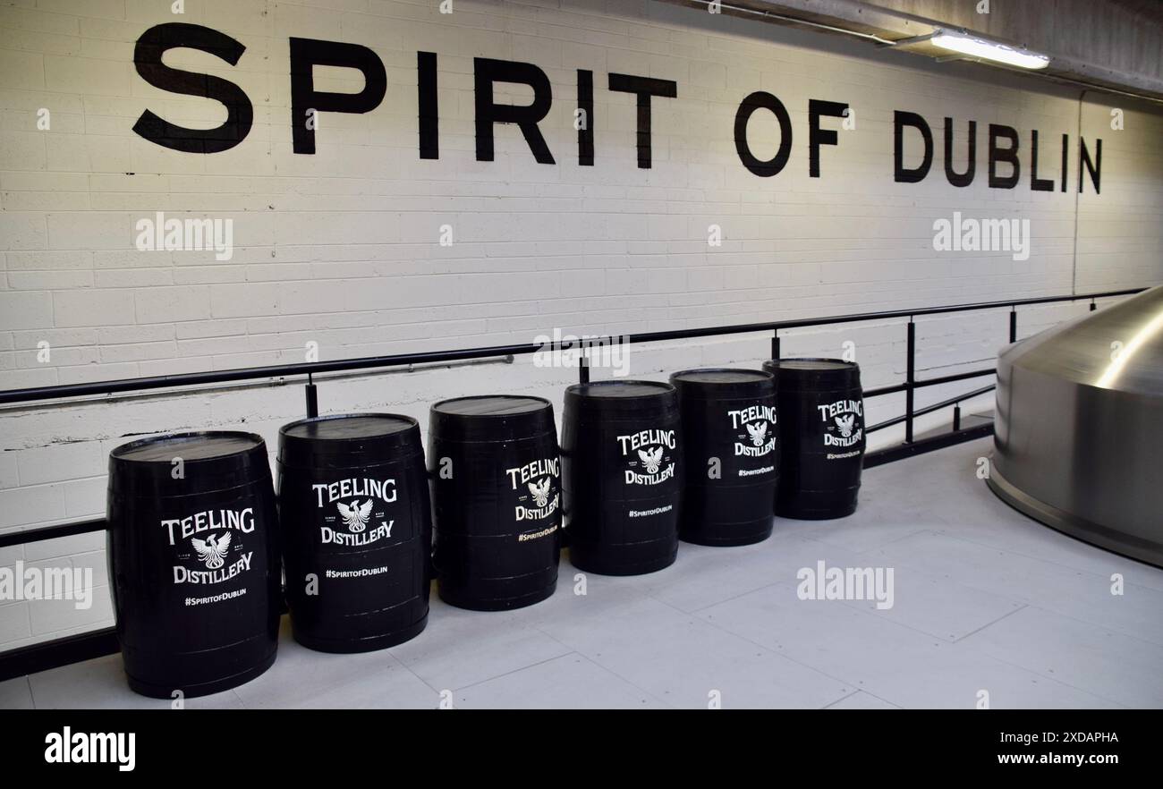 Whiskey-Fässer stehen in der Teelings Distillery. Der Geist von Dublin. Stockfoto