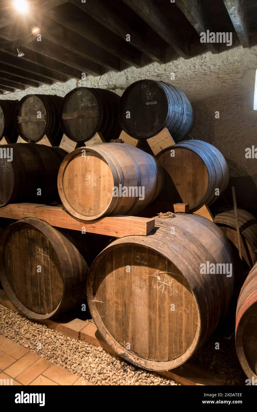 Frankreich, Normandie, Region Calvados, Val es Dunes, Valambray. Domaine des 5 autels - Bio-Apfelwein-Hersteller. Fässer mit altem Calavados-Alkohol. Stockfoto