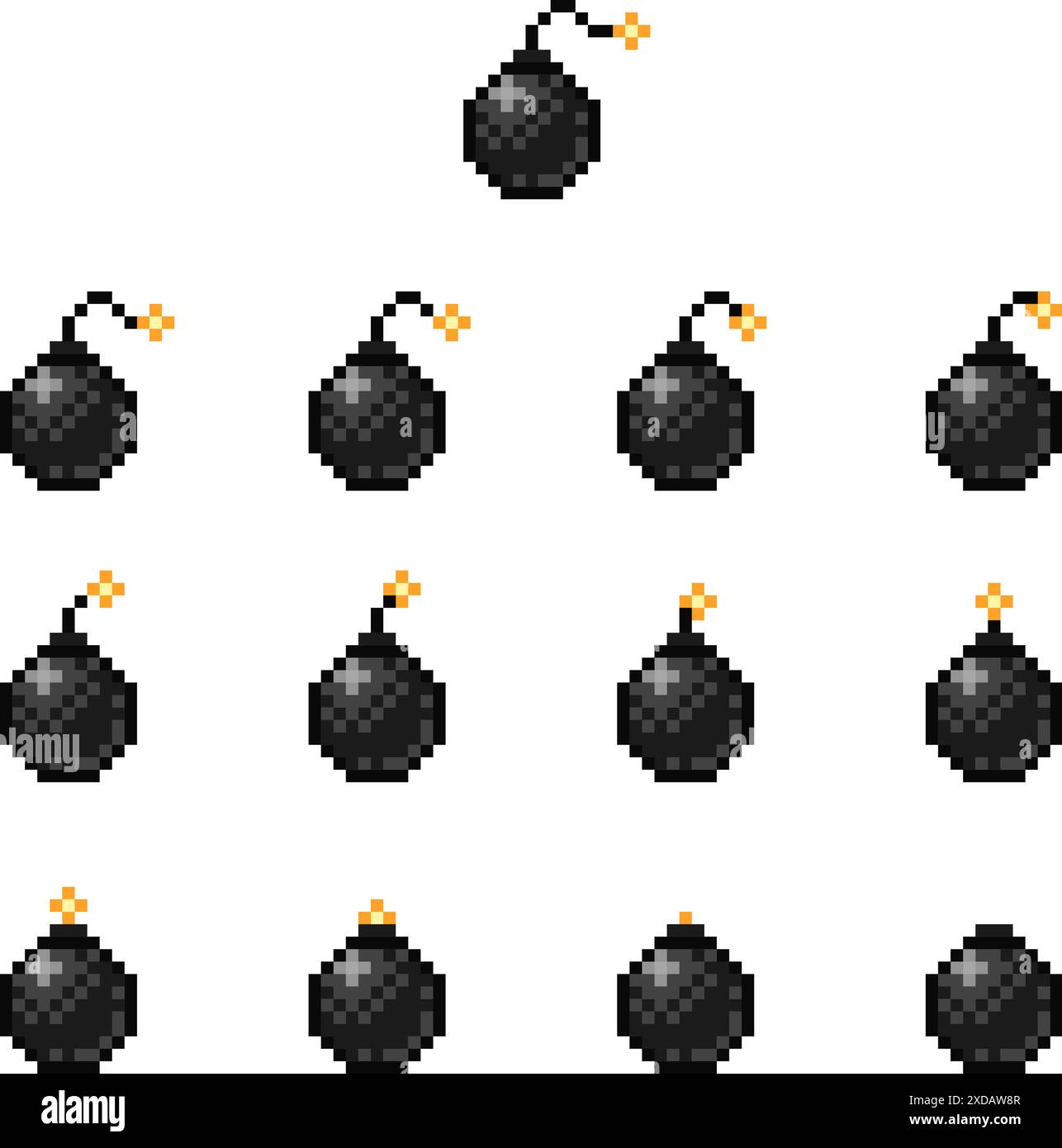 Pixel-Art-Set der Bombe mit brennender Sicherung. 8-Bit-Animationsrahmen für Videospiele Stock Vektor