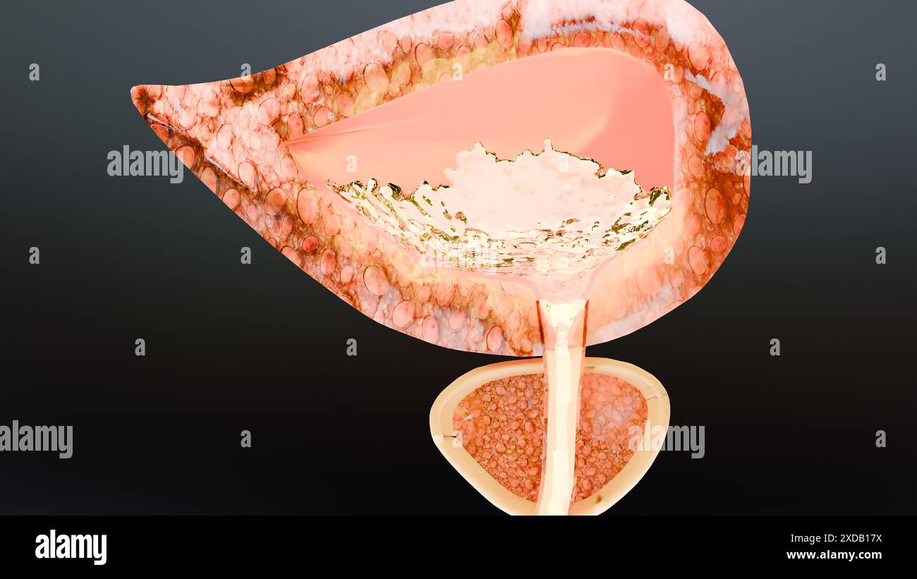 Urin- oder Ausscheidungssystem, detaillierte männliche Blase und Prostata Anatomie, Urologie medizinisch, Genitalreproduktion, Nephrologie, Querschnitt von Pro Stockfoto