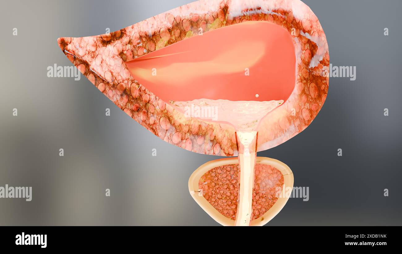 Urin- oder Ausscheidungssystem, detaillierte männliche Blase und Prostata Anatomie, Urologie medizinisch, Genitalreproduktion, Nephrologie, Querschnitt von Pro Stockfoto