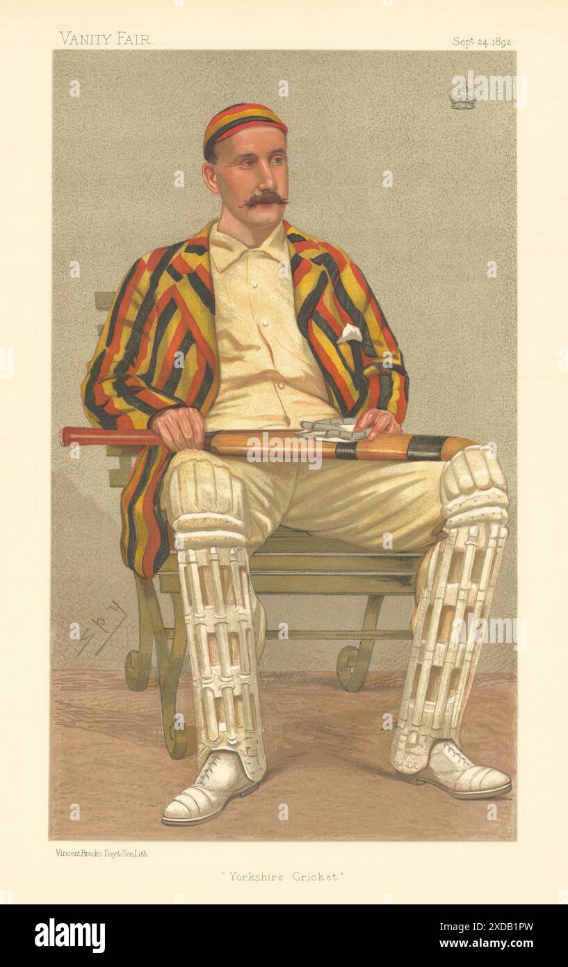 EITELKEIT FAIR SPION CARTOON Lord Hawke 'Yorkshire Cricket' 1892 alten antiken Druck Stockfoto