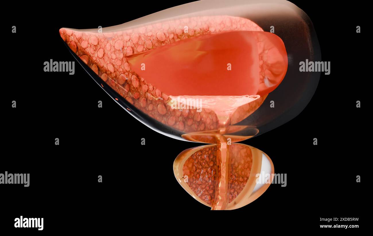 Urin- oder Ausscheidungssystem, detaillierte männliche Blase und Prostata Anatomie, Urologie medizinisch, Genitalreproduktion, Nephrologie, Querschnitt von Pro Stockfoto