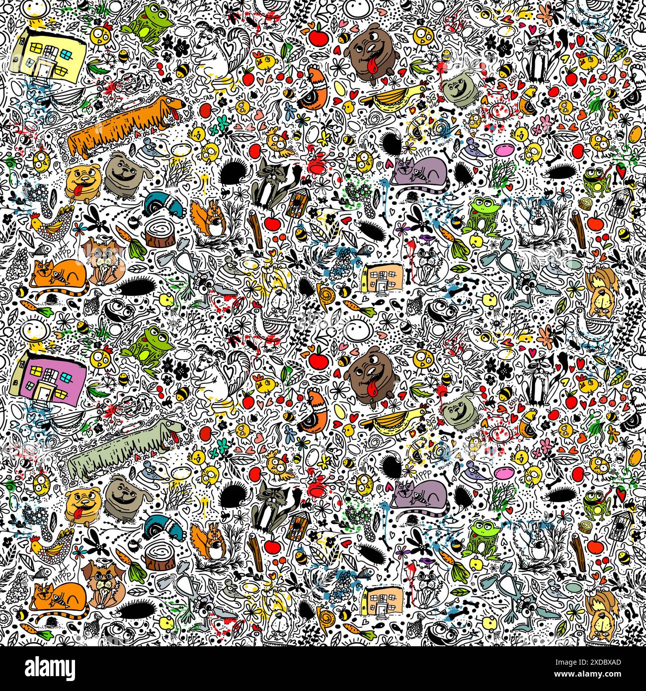 Nahtloses Muster von niedlichen Linien verschiedener Tiere. Tapeten für ein Kinderzimmer drucken. Handzeichnung. Nicht AI, Vektorillustration Stock Vektor