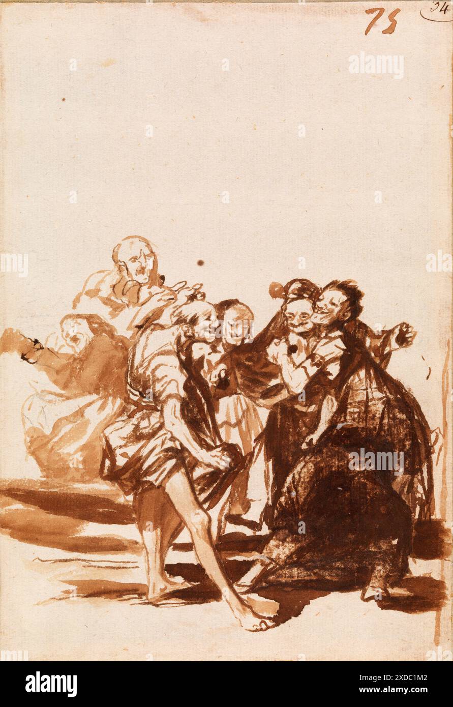 Alte Leute singen und tanzen. Francisco de Goya. c. 1812-1820. Pinsel und eiserne Gallentinte mit Graphitunterzeichnung auf antikem Büttenpapier. Stockfoto