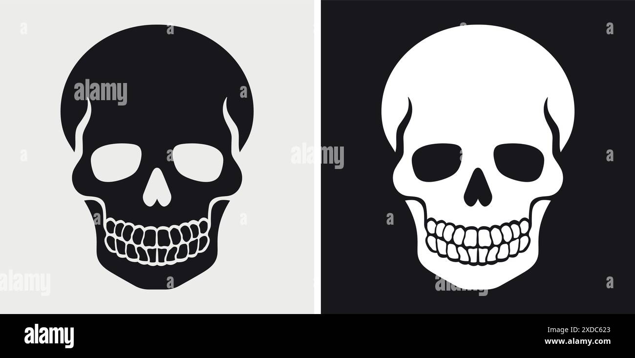 Menschliche Schädelsilhouette auf weißem und schwarzem Hintergrund. Logo mit Totenkopf-Symbol. Vektorabbildung Stock Vektor