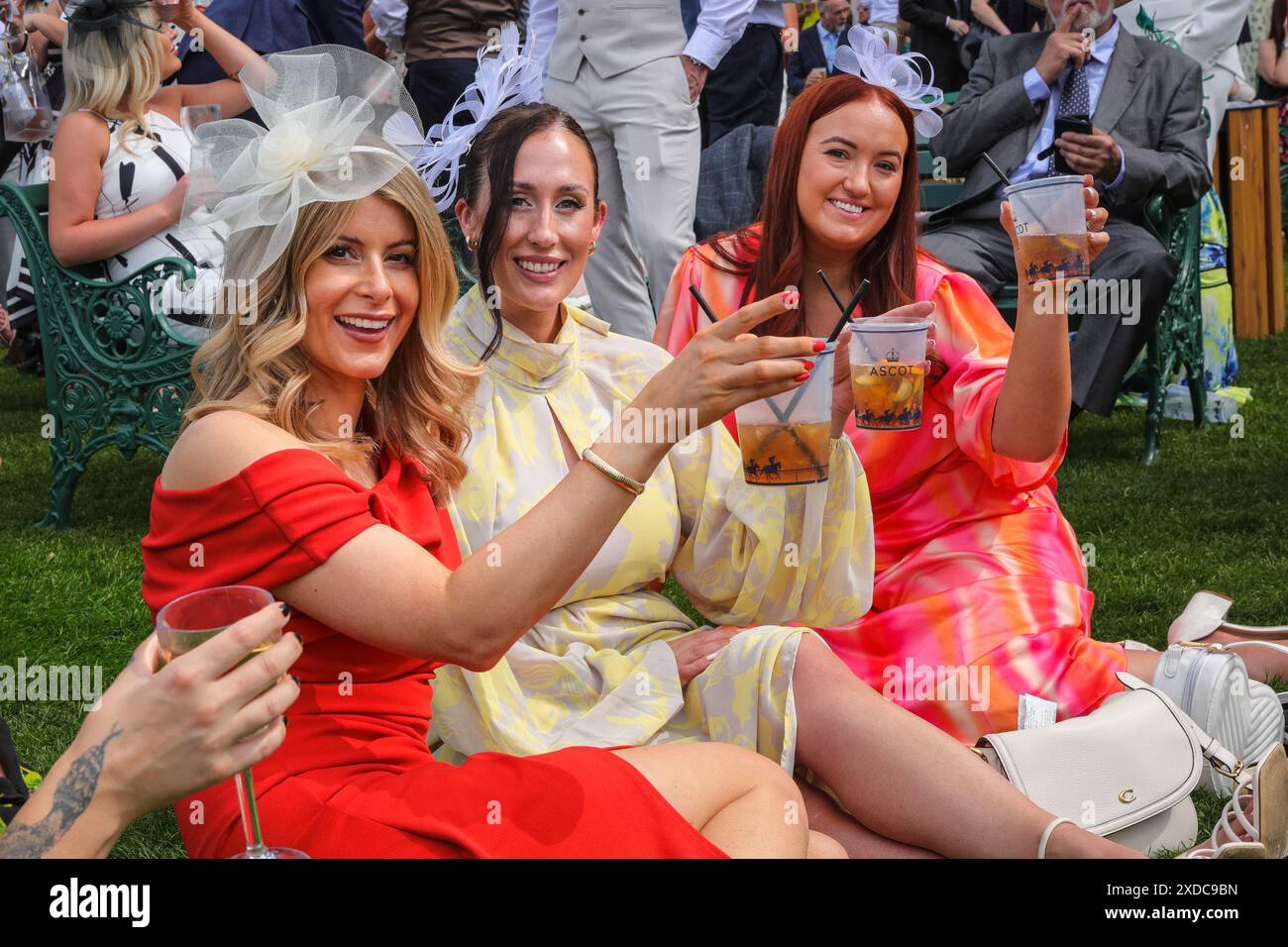 Ascot, Berkshire, Großbritannien. Juni 2024. Rennfahrer genießen ihren Nachmittag, um die Rennen zu beobachten, sitzen und stehen auf dem Rasen mit Essen und Getränken. Royal Ascot Tag 4 auf der Ascot Racecourse in Berkshire. Quelle: Imageplotter/Alamy Live News Stockfoto